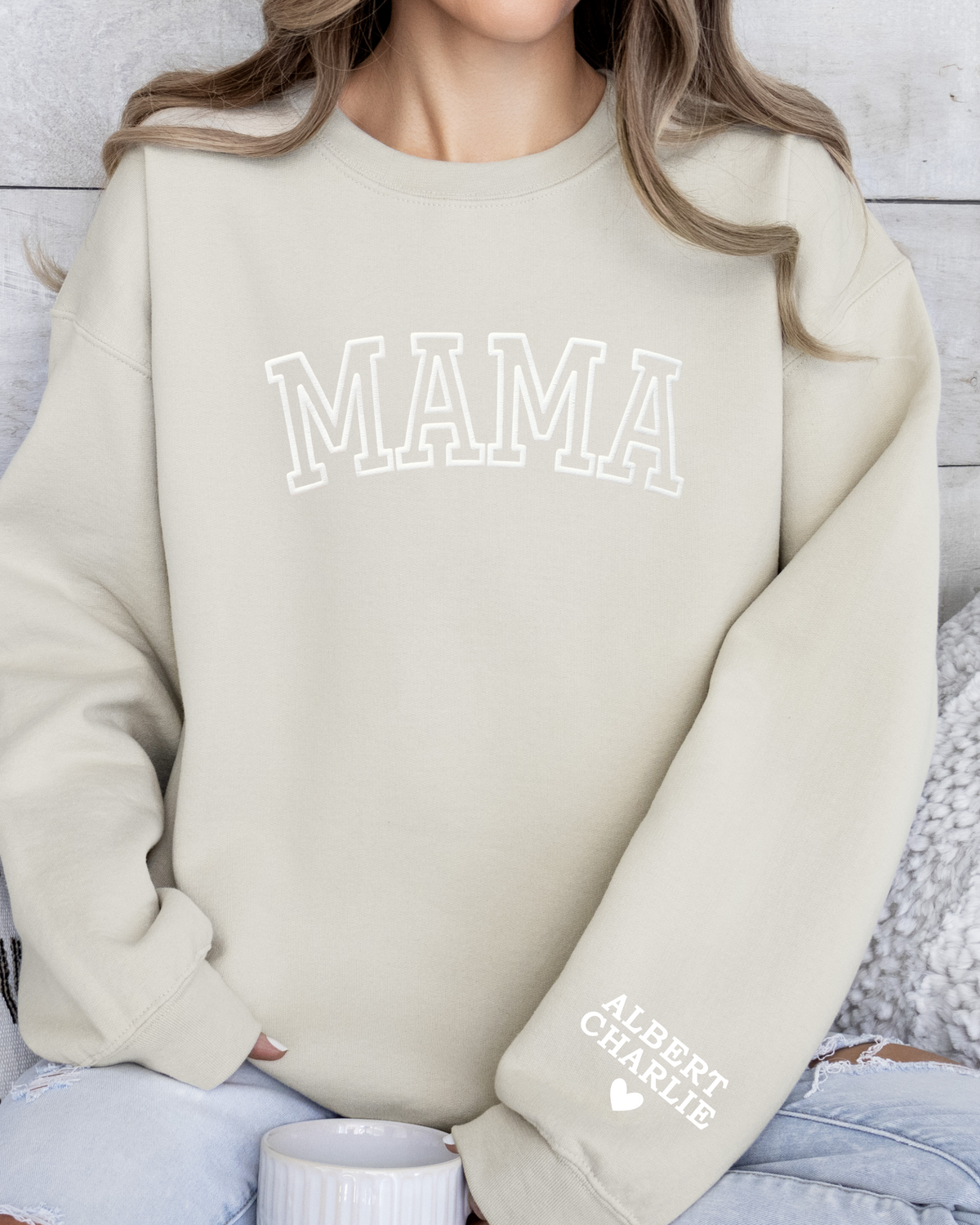 Personalized MAMA Crewneck Sweatshirt with Sleeve Name - Varsity Block