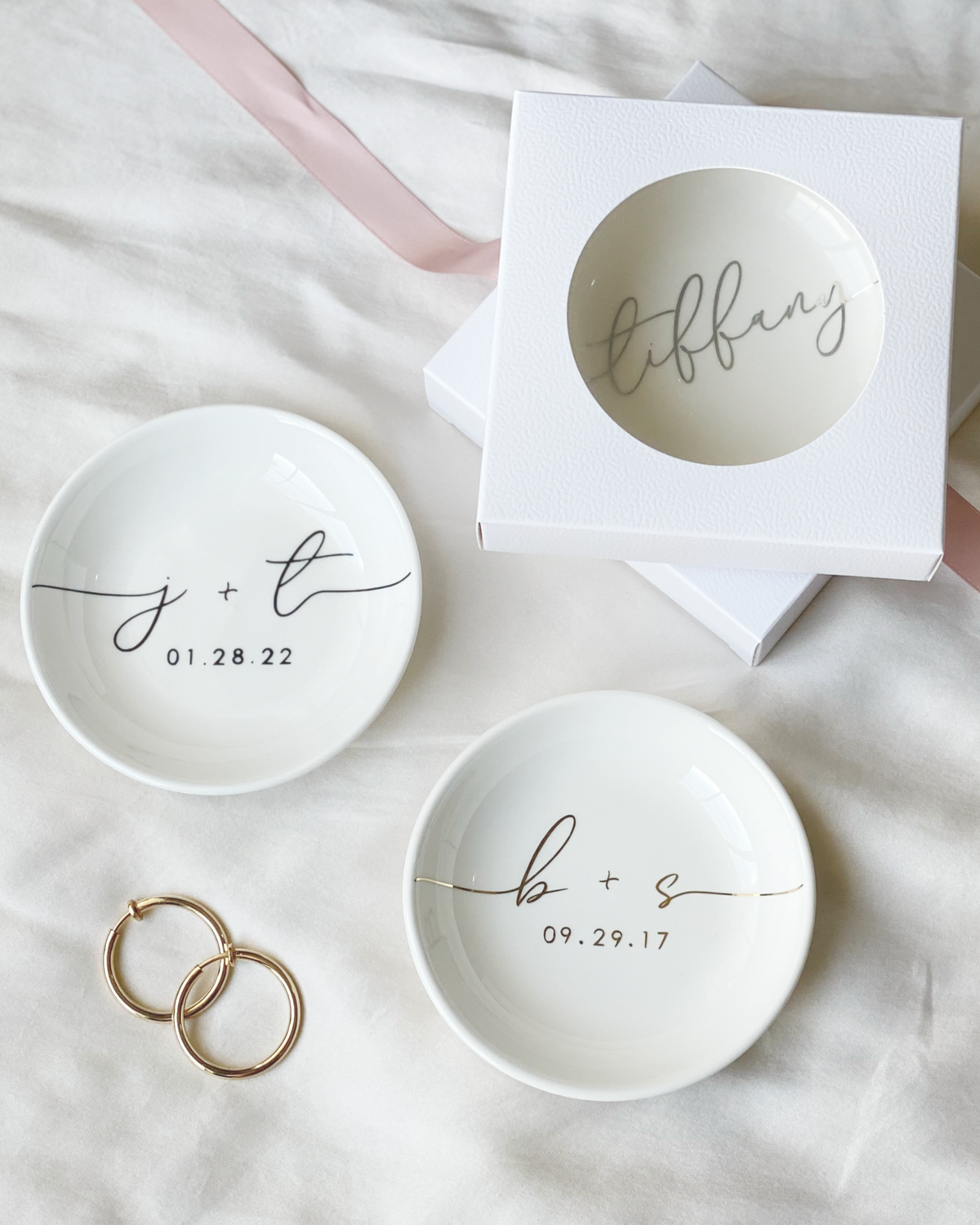 Personalized engagement ring dish with custom initials and date in black, gold, silver, or rose gold vinyl
