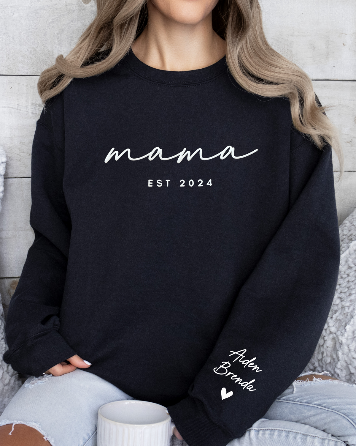 Personalized grandma EST Crewneck Sweatshirt with Sleeve Name - Aesthetic Script