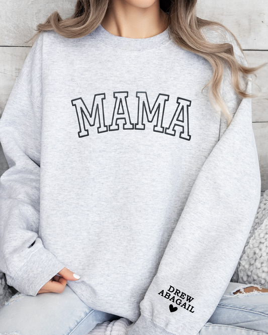 Personalized MAMA Crewneck Sweatshirt with Sleeve Name - Varsity Block