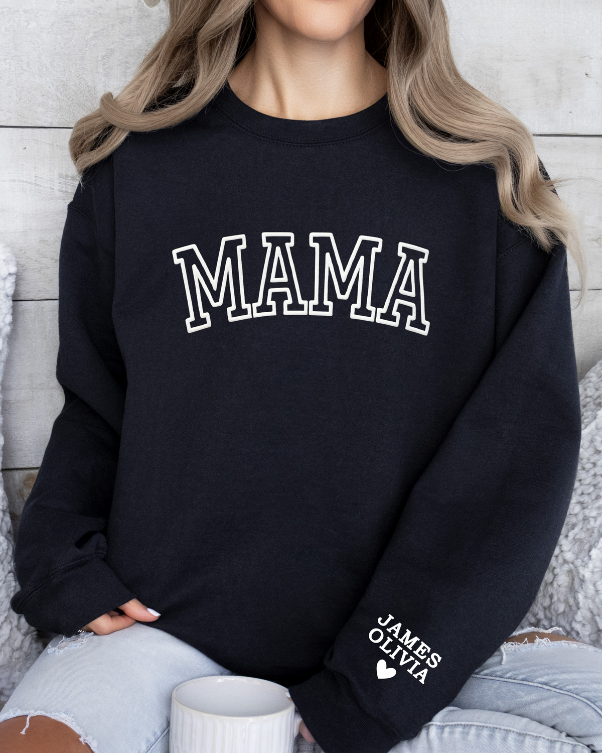 Personalized MAMA Crewneck Sweatshirt with Sleeve Name - Varsity Block