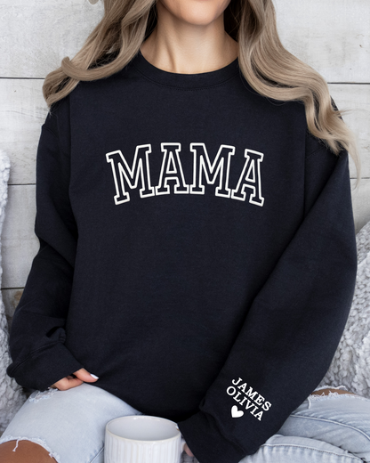 Personalized MAMA Crewneck Sweatshirt with Sleeve Name - Varsity Block