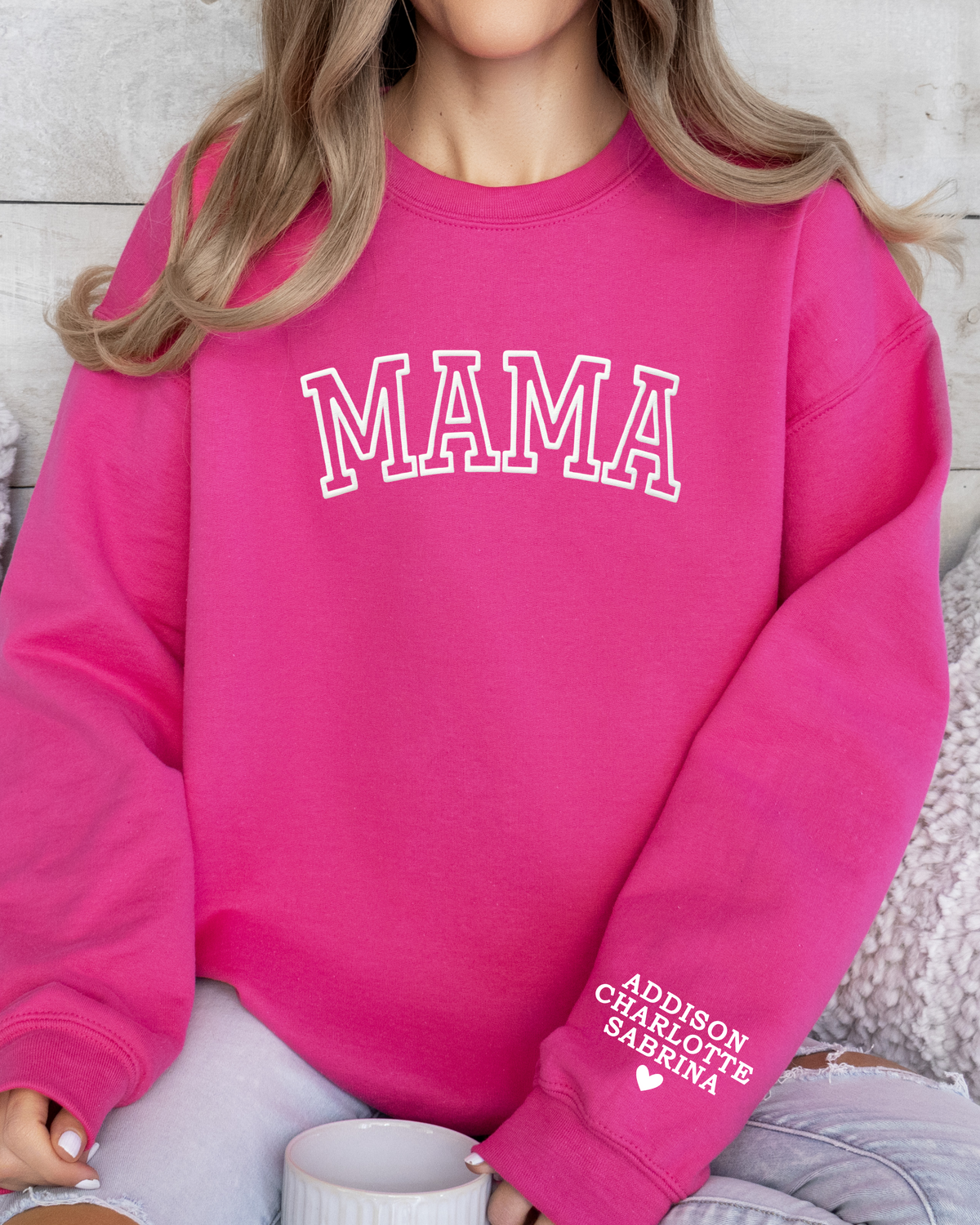 Personalized MAMA Crewneck Sweatshirt with Sleeve Name - Varsity Block