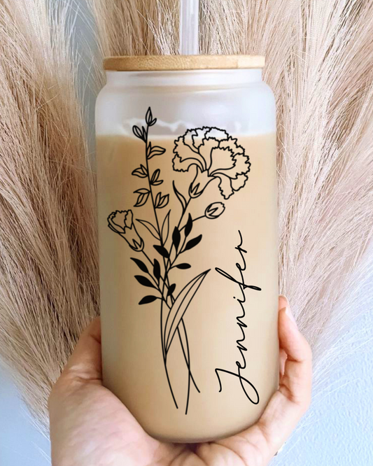 Personalized Birth Flower Glass Cup - Monochrome