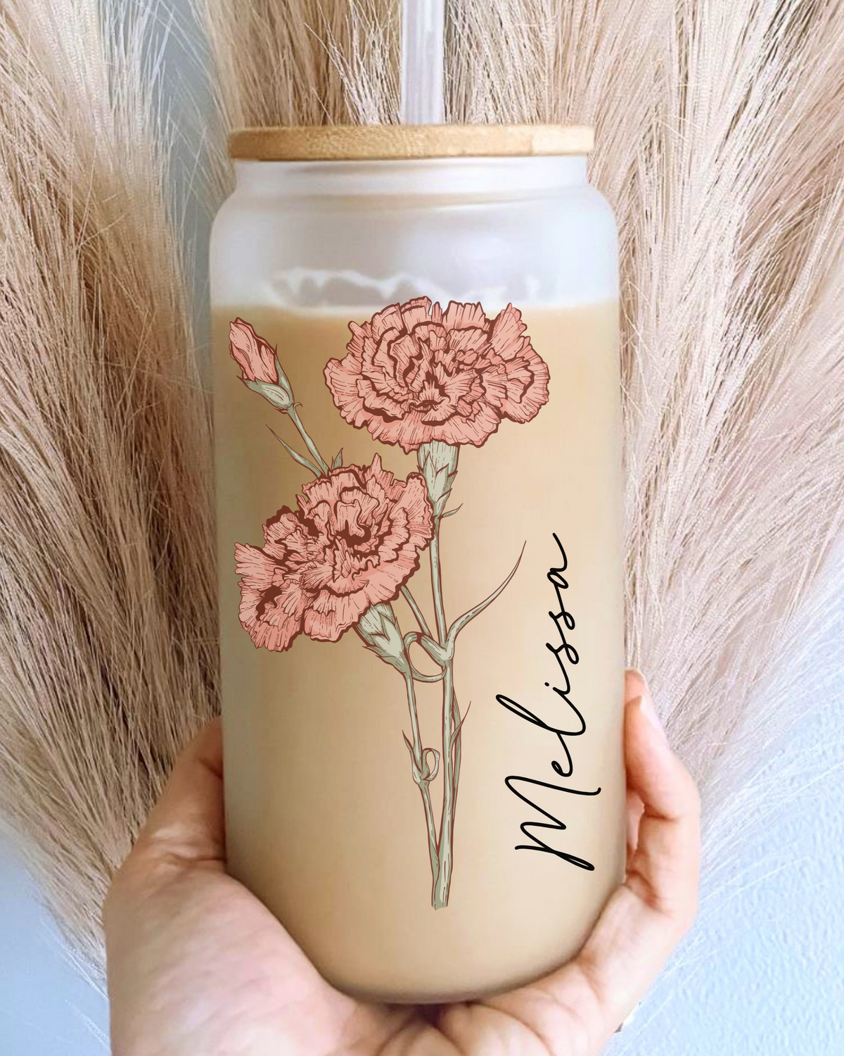 Personalized Birth Flower Glass Cup - Colored