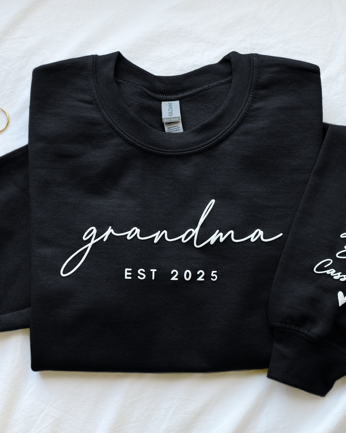 Personalized grandma EST Crewneck Sweatshirt with Sleeve Name - Aesthetic Script