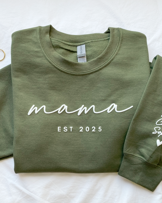Personalized mama EST Crewneck Sweatshirt with Sleeve Name - Aesthetic Script