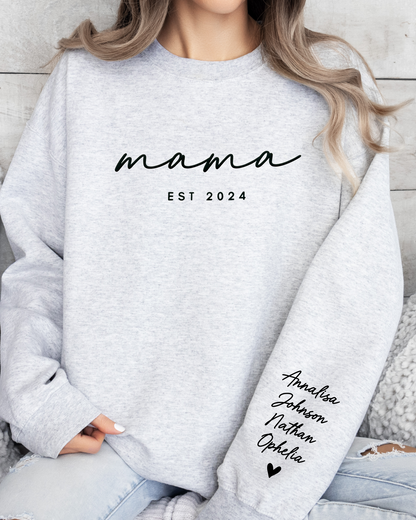 Personalized mama EST Crewneck Sweatshirt with Sleeve Name - Aesthetic Script