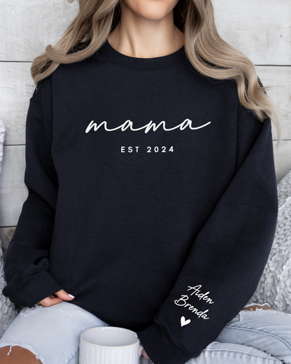 Personalized grandma EST Crewneck Sweatshirt with Sleeve Name - Aesthetic Script