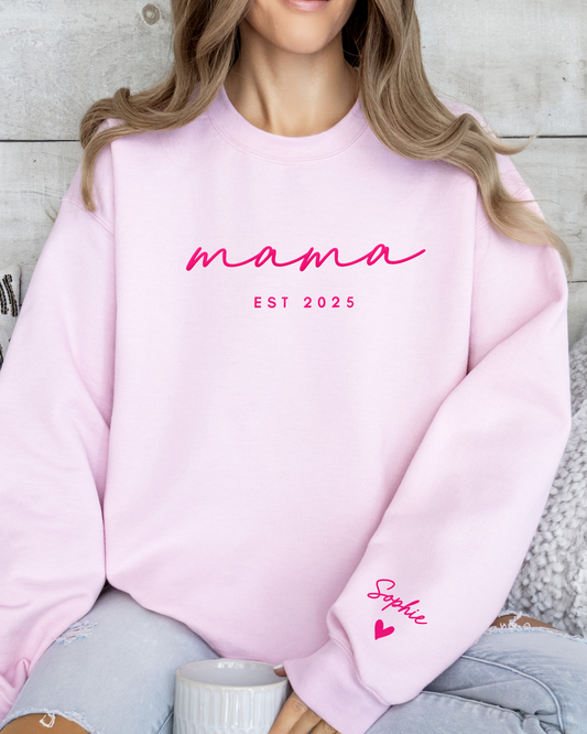 Personalized mama EST Crewneck Sweatshirt with Sleeve Name - Aesthetic Script