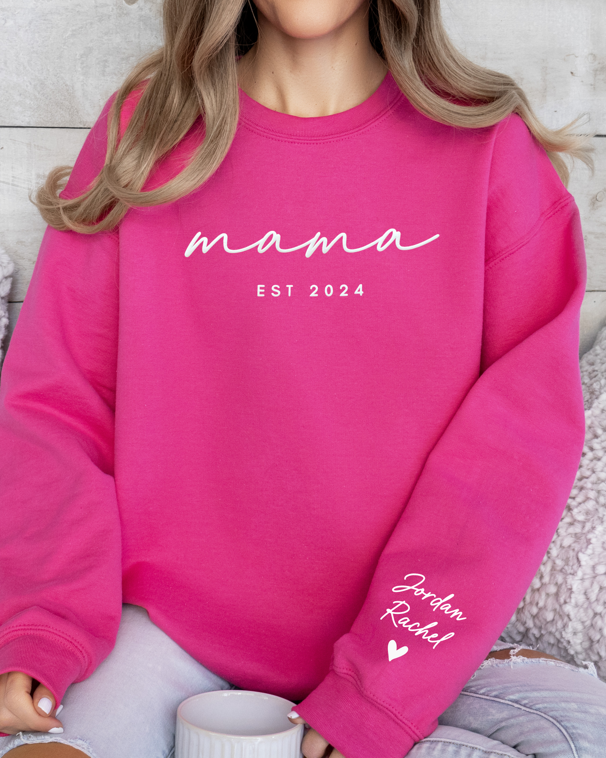 Personalized mama EST Crewneck Sweatshirt with Sleeve Name - Aesthetic Script