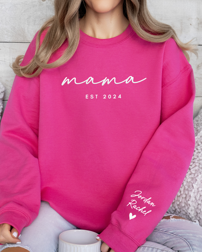 Personalized mama EST Crewneck Sweatshirt with Sleeve Name - Aesthetic Script