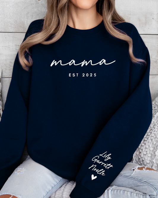 Personalized mama EST Crewneck Sweatshirt with Sleeve Name - Aesthetic Script