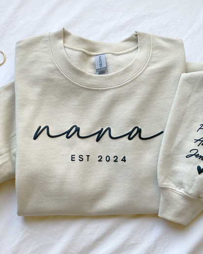 Personalized nana EST Crewneck Sweatshirt with Sleeve Name - Aesthetic Script