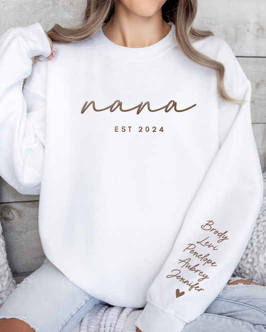 Personalized nana EST Crewneck Sweatshirt with Sleeve Name - Aesthetic Script